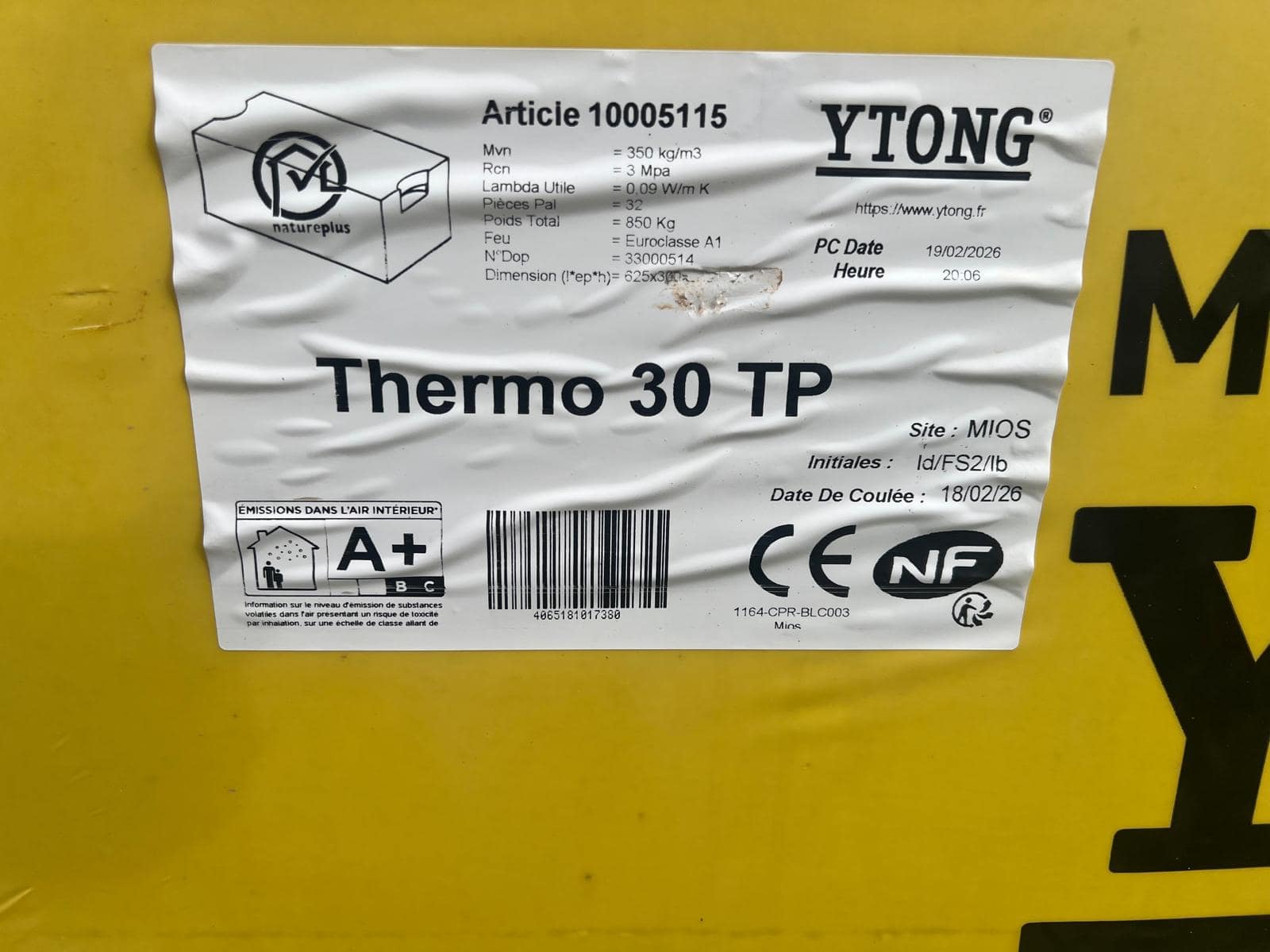 Lot de 10 palettes béton cellulaire YTONG THERMO 30